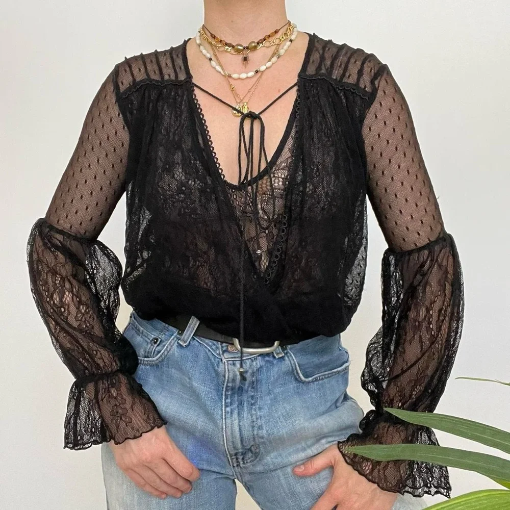Free People Long sleeve semi sheer black lace blouse w ruffles at wrist - Picture 7 of 9